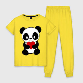 Женская пижама хлопок с принтом Пандочка с сердцем в Белгороде, 100% хлопок | брюки и футболка прямого кроя, без карманов, на брюках мягкая резинка на поясе и по низу штанин | панда