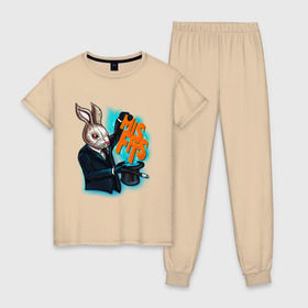 Женская пижама хлопок с принтом Кролик-психопат в Белгороде, 100% хлопок | брюки и футболка прямого кроя, без карманов, на брюках мягкая резинка на поясе и по низу штанин | misfits