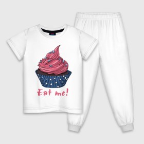 Детская пижама хлопок с принтом Eat me! в Белгороде, 100% хлопок |  брюки и футболка прямого кроя, без карманов, на брюках мягкая резинка на поясе и по низу штанин
 | Тематика изображения на принте: 8 марта | девушкам | корзинка | международный женский день | пирожное | сладости