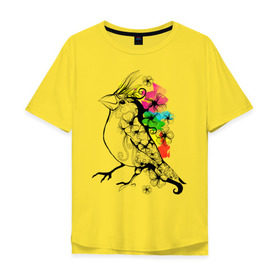 Мужская футболка хлопок Oversize с принтом Birdie в Белгороде, 100% хлопок | свободный крой, круглый ворот, “спинка” длиннее передней части | 8 марта | подарок | птица | птичка | разноцветные | цветы
