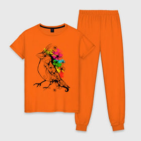 Женская пижама хлопок с принтом Birdie в Белгороде, 100% хлопок | брюки и футболка прямого кроя, без карманов, на брюках мягкая резинка на поясе и по низу штанин | 8 марта | подарок | птица | птичка | разноцветные | цветы