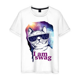 Мужская футболка хлопок с принтом Space cat swag в Белгороде, 100% хлопок | прямой крой, круглый вырез горловины, длина до линии бедер, слегка спущенное плечо. | i am swag | swag | кошка | кошки | очки | сваг | свэг