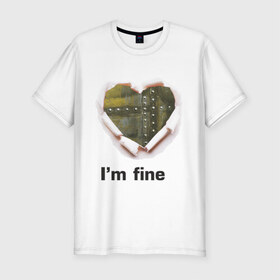 Мужская футболка премиум с принтом Бронированное сердце в Белгороде, 92% хлопок, 8% лайкра | приталенный силуэт, круглый вырез ворота, длина до линии бедра, короткий рукав | im fine | бронированное сердце | любовь | сердце | я в порядке