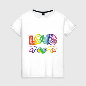 Женская футболка хлопок с принтом Rainbow love в Белгороде, 100% хлопок | прямой крой, круглый вырез горловины, длина до линии бедер, слегка спущенное плечо | 