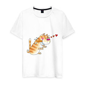 Мужская футболка хлопок с принтом Люблю свою киску. в Белгороде, 100% хлопок | прямой крой, круглый вырез горловины, длина до линии бедер, слегка спущенное плечо. | Тематика изображения на принте: для влюбленных | для двоих | киса | котяра | любимая | любимый | парные | сердечки | сердца