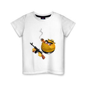 Детская футболка хлопок с принтом Smile Gangster в Белгороде, 100% хлопок | круглый вырез горловины, полуприлегающий силуэт, длина до линии бедер | Тематика изображения на принте: smile gangster | автомат | колобок | оружие | смайл гангстер