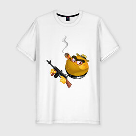 Мужская футболка премиум с принтом Smile Gangster в Белгороде, 92% хлопок, 8% лайкра | приталенный силуэт, круглый вырез ворота, длина до линии бедра, короткий рукав | smile gangster | автомат | колобок | оружие | смайл гангстер