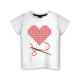 Детская футболка хлопок с принтом Сердце вышивка с иголкой в Белгороде, 100% хлопок | круглый вырез горловины, полуприлегающий силуэт, длина до линии бедер | Тематика изображения на принте: игла | любимая | любимый | любовь | нитка | отношения | сердечко | чувства