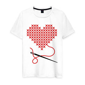 Мужская футболка хлопок с принтом Сердце вышивка с иголкой в Белгороде, 100% хлопок | прямой крой, круглый вырез горловины, длина до линии бедер, слегка спущенное плечо. | игла | любимая | любимый | любовь | нитка | отношения | сердечко | чувства