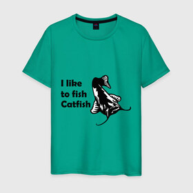 Мужская футболка хлопок с принтом I like to fish Catfish в Белгороде, 100% хлопок | прямой крой, круглый вырез горловины, длина до линии бедер, слегка спущенное плечо. | 