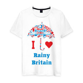 Мужская футболка хлопок с принтом я люблю Британию в Белгороде, 100% хлопок | прямой крой, круглый вырез горловины, длина до линии бедер, слегка спущенное плечо. | Тематика изображения на принте: i love rainy britain | rainy britain | зонт | зонтик | я люблю британию