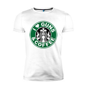 Мужская футболка премиум с принтом I Love Guns and Coffee пистолеты и кофе в Белгороде, 92% хлопок, 8% лайкра | приталенный силуэт, круглый вырез ворота, длина до линии бедра, короткий рукав | я люблю кофе и пистолеты