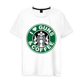 Мужская футболка хлопок с принтом I Love Guns and Coffee пистолеты и кофе в Белгороде, 100% хлопок | прямой крой, круглый вырез горловины, длина до линии бедер, слегка спущенное плечо. | я люблю кофе и пистолеты