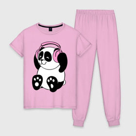 Женская пижама хлопок с принтом Panda in headphones (панда в наушниках) в Белгороде, 100% хлопок | брюки и футболка прямого кроя, без карманов, на брюках мягкая резинка на поясе и по низу штанин | панда