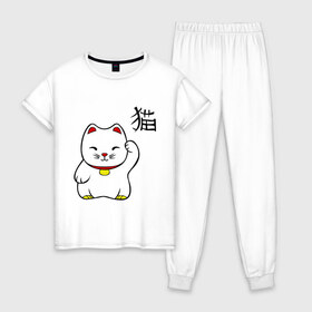 Женская пижама хлопок с принтом Манэки-нэко (Maneki-Neko) в Белгороде, 100% хлопок | брюки и футболка прямого кроя, без карманов, на брюках мягкая резинка на поясе и по низу штанин | кошки | няш | символ счастья | японские кошки