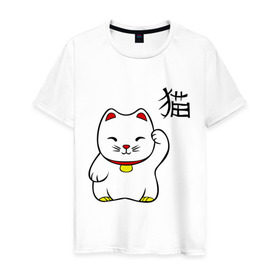 Мужская футболка хлопок с принтом Манэки-нэко (Maneki-Neko) в Белгороде, 100% хлопок | прямой крой, круглый вырез горловины, длина до линии бедер, слегка спущенное плечо. | кошки | няш | символ счастья | японские кошки
