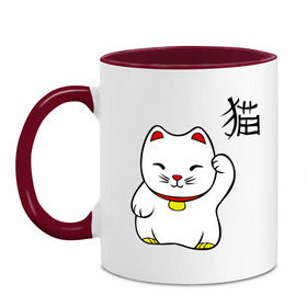 Кружка двухцветная с принтом Манэки-нэко (Maneki-Neko) в Белгороде, керамика | объем — 330 мл, диаметр — 80 мм. Цветная ручка и кайма сверху, в некоторых цветах — вся внутренняя часть | кошки | няш | символ счастья | японские кошки