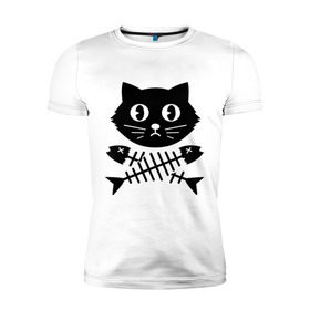 Мужская футболка премиум с принтом Пиратский знак кот и кости в Белгороде, 92% хлопок, 8% лайкра | приталенный силуэт, круглый вырез ворота, длина до линии бедра, короткий рукав | киса | косточки от рыбы | кот | котенок | кошка | рыбка | черный кот