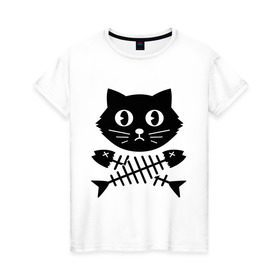 Женская футболка хлопок с принтом Пиратский знак кот и кости в Белгороде, 100% хлопок | прямой крой, круглый вырез горловины, длина до линии бедер, слегка спущенное плечо | киса | косточки от рыбы | кот | котенок | кошка | рыбка | черный кот