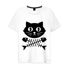 Мужская футболка хлопок с принтом Пиратский знак кот и кости в Белгороде, 100% хлопок | прямой крой, круглый вырез горловины, длина до линии бедер, слегка спущенное плечо. | Тематика изображения на принте: киса | косточки от рыбы | кот | котенок | кошка | рыбка | черный кот