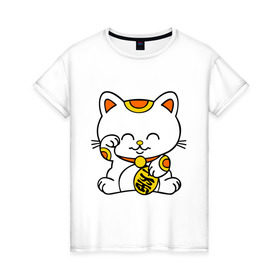 Женская футболка хлопок с принтом Maneki-Neko Манэки – кошка удачи в Белгороде, 100% хлопок | прямой крой, круглый вырез горловины, длина до линии бедер, слегка спущенное плечо | киса | котенок | кошка удачи | японские кошки