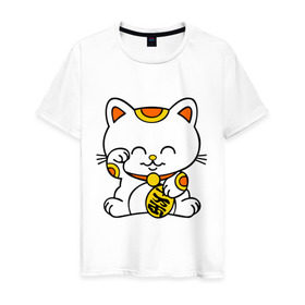 Мужская футболка хлопок с принтом Maneki-Neko Манэки – кошка удачи в Белгороде, 100% хлопок | прямой крой, круглый вырез горловины, длина до линии бедер, слегка спущенное плечо. | киса | котенок | кошка удачи | японские кошки
