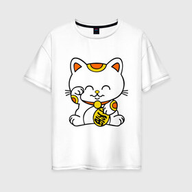 Женская футболка хлопок Oversize с принтом Maneki-Neko Манэки – кошка удачи в Белгороде, 100% хлопок | свободный крой, круглый ворот, спущенный рукав, длина до линии бедер
 | киса | котенок | кошка удачи | японские кошки
