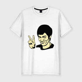 Мужская футболка премиум с принтом Позитивный Брюс Ли в Белгороде, 92% хлопок, 8% лайкра | приталенный силуэт, круглый вырез ворота, длина до линии бедра, короткий рукав | Тематика изображения на принте: брюс ли