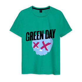 Мужская футболка хлопок с принтом Green day skull в Белгороде, 100% хлопок | прямой крой, круглый вырез горловины, длина до линии бедер, слегка спущенное плечо. | green day | rock | грин дэй | музыка | рок группа