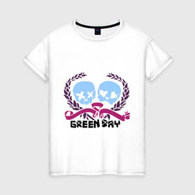 Женская футболка хлопок с принтом Green day skulls в Белгороде, 100% хлопок | прямой крой, круглый вырез горловины, длина до линии бедер, слегка спущенное плечо | green day | rock | грин дэй | лента | музыка | рок группа | черепа | черепушки