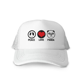 Кепка тракер с сеткой с принтом Peace, love, panda (мир любовь панда) в Белгороде, трикотажное полотно; задняя часть — сетка | длинный козырек, универсальный размер, пластиковая застежка | love | panda | peace | любовь | мир
