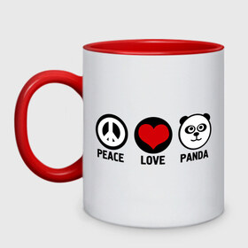 Кружка двухцветная с принтом Peace, love, panda (мир любовь панда) в Белгороде, керамика | объем — 330 мл, диаметр — 80 мм. Цветная ручка и кайма сверху, в некоторых цветах — вся внутренняя часть | love | panda | peace | любовь | мир