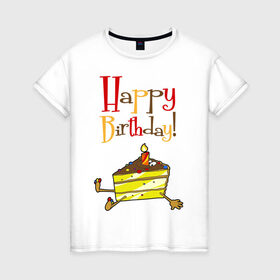 Женская футболка хлопок с принтом Happy Birthday! в Белгороде, 100% хлопок | прямой крой, круглый вырез горловины, длина до линии бедер, слегка спущенное плечо | happy birthday | день рождения | именинник | с днем рождения | торт