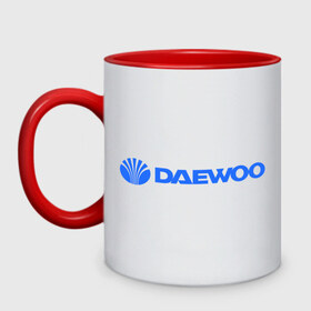 Кружка двухцветная с принтом Daewoo горизонтальный в Белгороде, керамика | объем — 330 мл, диаметр — 80 мм. Цветная ручка и кайма сверху, в некоторых цветах — вся внутренняя часть | daewoo | автомобиль daewoo | автомобиль дейву | дайву | логотип daewoo | логотип дайву | логотип дейву