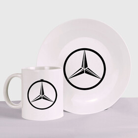Набор: тарелка + кружка с принтом Mercedes-Benz logo в Белгороде, керамика | Кружка: объем — 330 мл, диаметр — 80 мм. Принт наносится на бока кружки, можно сделать два разных изображения. 
Тарелка: диаметр - 210 мм, диаметр для нанесения принта - 120 мм. | mercedes | mercedes benz | логотип mercedes | логотип mercedes benz | логотип мерседерс бенс | мерен | мерседерс | мерседерс бенс