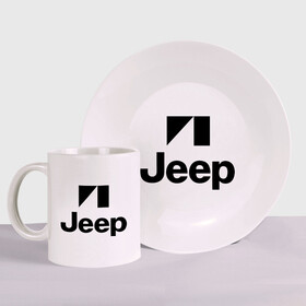 Набор: тарелка + кружка с принтом Jeep logo в Белгороде, керамика | Кружка: объем — 330 мл, диаметр — 80 мм. Принт наносится на бока кружки, можно сделать два разных изображения. 
Тарелка: диаметр - 210 мм, диаметр для нанесения принта - 120 мм. | Тематика изображения на принте: jeep | автомобиль jeep | автомобиль джип | джип | логотип jeep | логотип джип