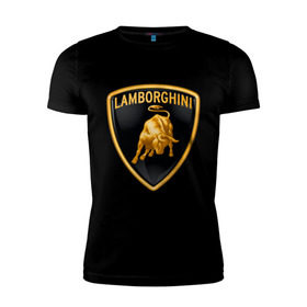 Мужская футболка премиум с принтом Lamborghini logo в Белгороде, 92% хлопок, 8% лайкра | приталенный силуэт, круглый вырез ворота, длина до линии бедра, короткий рукав | lamborghini | автомобиль lamborghini | ламборджини | ламборджини автомобиль | логотип lamborghini | логотип ламборджини