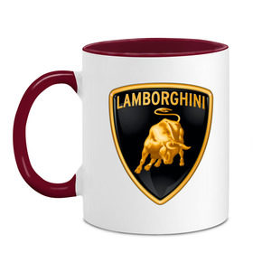 Кружка двухцветная с принтом Lamborghini logo в Белгороде, керамика | объем — 330 мл, диаметр — 80 мм. Цветная ручка и кайма сверху, в некоторых цветах — вся внутренняя часть | Тематика изображения на принте: lamborghini | автомобиль lamborghini | ламборджини | ламборджини автомобиль | логотип lamborghini | логотип ламборджини
