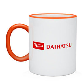 Кружка двухцветная с принтом Daihatsu logo в Белгороде, керамика | объем — 330 мл, диаметр — 80 мм. Цветная ручка и кайма сверху, в некоторых цветах — вся внутренняя часть | daihatsu | автомобиль daihatsu | логотип daihatsu