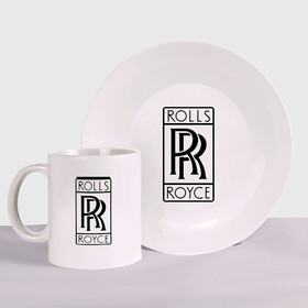 Набор: тарелка + кружка с принтом Rolls-Royce logo в Белгороде, керамика | Кружка: объем — 330 мл, диаметр — 80 мм. Принт наносится на бока кружки, можно сделать два разных изображения. 
Тарелка: диаметр - 210 мм, диаметр для нанесения принта - 120 мм. | rolls royce | rr | автобренды | автолюбителям | бренд | логотип | ролл ройс | ролс ройс