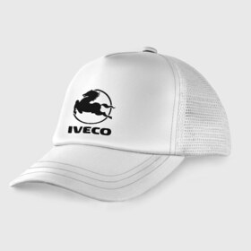 Детская кепка тракер с принтом Iveco в Белгороде, Козырек - 100% хлопок. Кепка - 100% полиэстер, Задняя часть - сетка | универсальный размер, пластиковая застёжка | iveco | автобренды | автолюбителям | бренд | ивеко | логотип