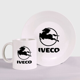 Набор: тарелка + кружка с принтом Iveco в Белгороде, керамика | Кружка: объем — 330 мл, диаметр — 80 мм. Принт наносится на бока кружки, можно сделать два разных изображения. 
Тарелка: диаметр - 210 мм, диаметр для нанесения принта - 120 мм. | iveco | автобренды | автолюбителям | бренд | ивеко | логотип