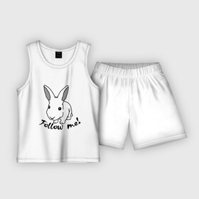 Детская пижама с шортами хлопок с принтом Следуй за белым кроликом. в Белгороде,  |  | Тематика изображения на принте: alice in wonderland | follow me | алиса в стране чудес | животное | заяц | зверь | кролик | следуй за мной