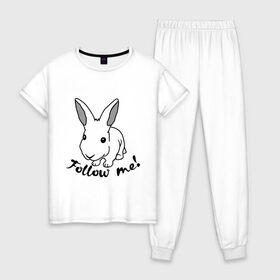 Женская пижама хлопок с принтом Следуй за белым кроликом в Белгороде, 100% хлопок | брюки и футболка прямого кроя, без карманов, на брюках мягкая резинка на поясе и по низу штанин | Тематика изображения на принте: alice in wonderland | follow me | алиса в стране чудес | животное | заяц | зверь | кролик | следуй за мной