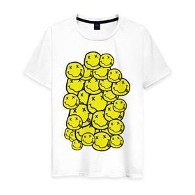 Мужская футболка хлопок с принтом Nirvana Smiles в Белгороде, 100% хлопок | прямой крой, круглый вырез горловины, длина до линии бедер, слегка спущенное плечо. | Тематика изображения на принте: nirvana | nirvana smiles | нирвана | нирвана смайлы