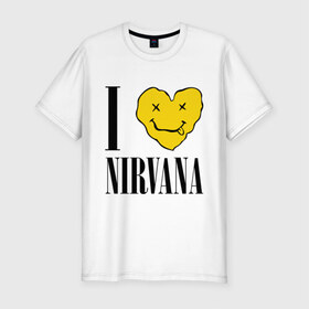 Мужская футболка премиум с принтом I love Nirvana в Белгороде, 92% хлопок, 8% лайкра | приталенный силуэт, круглый вырез ворота, длина до линии бедра, короткий рукав | Тематика изображения на принте: i love nirvana | nirvana | нирвана | я люблю нирвану