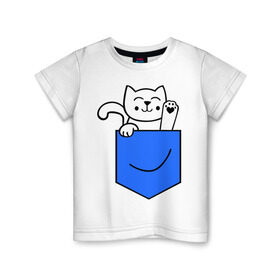 Детская футболка хлопок с принтом Котенок в кармане в Белгороде, 100% хлопок | круглый вырез горловины, полуприлегающий силуэт, длина до линии бедер | киса | котенок | котик | кошка