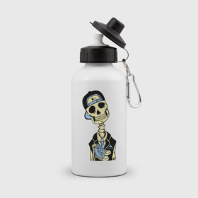 Бутылка спортивная с принтом Скелет в кепке в Белгороде, металл | емкость — 500 мл, в комплекте две пластиковые крышки и карабин для крепления | скелет
