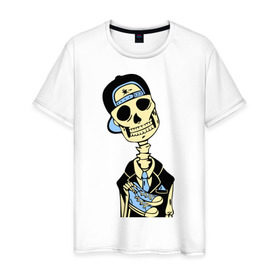 Мужская футболка хлопок с принтом Скелет в кепке в Белгороде, 100% хлопок | прямой крой, круглый вырез горловины, длина до линии бедер, слегка спущенное плечо. | скелет