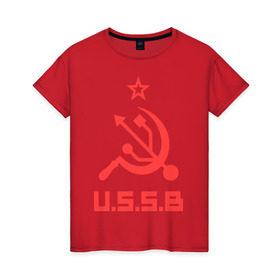 Женская футболка хлопок с принтом USSB в Белгороде, 100% хлопок | прямой крой, круглый вырез горловины, длина до линии бедер, слегка спущенное плечо | Тематика изображения на принте: серп и молот | советский союз | ссср